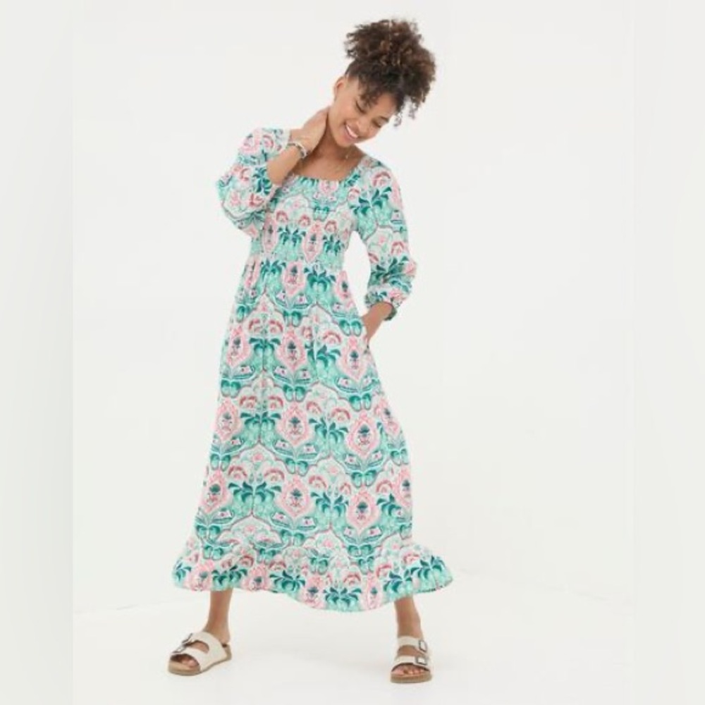 Fat Face Adele Mirrored Paisley 3/4 Sleeve Smocked Square Neck Midi Dress 8